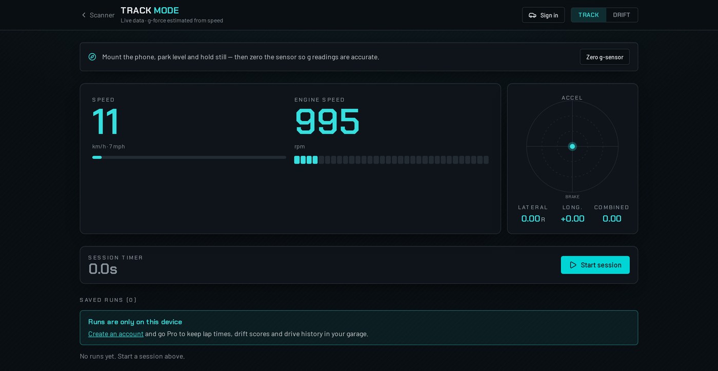 C4 LINK track mode showing speed, engine speed, an accelerometer g-force circle and a session timer with a start session button